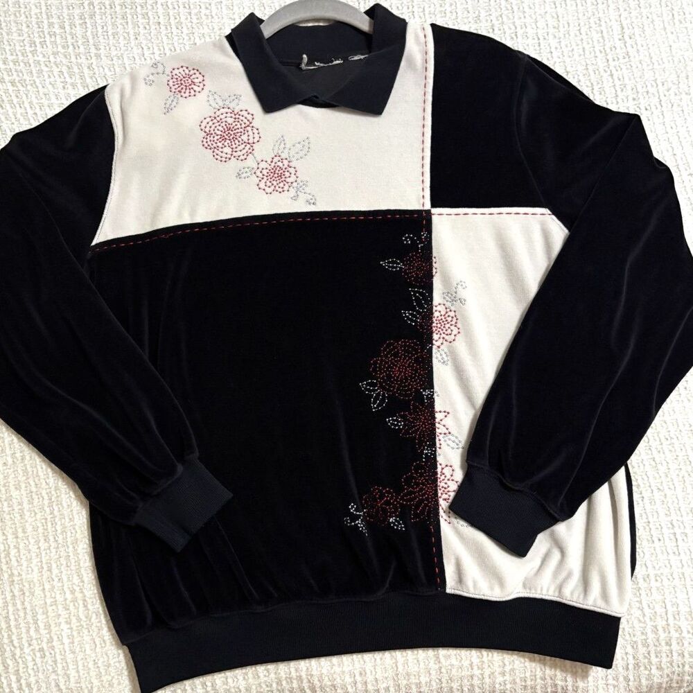 Vintage Velour‎ Floral Embroidered Polo Sweatshirt Retro Cottagecore GrandmaCore